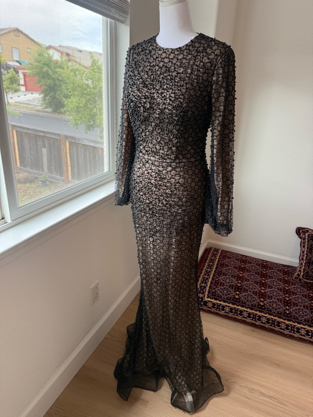Tiara Black Beaded Long-Sleeve Evening Dress